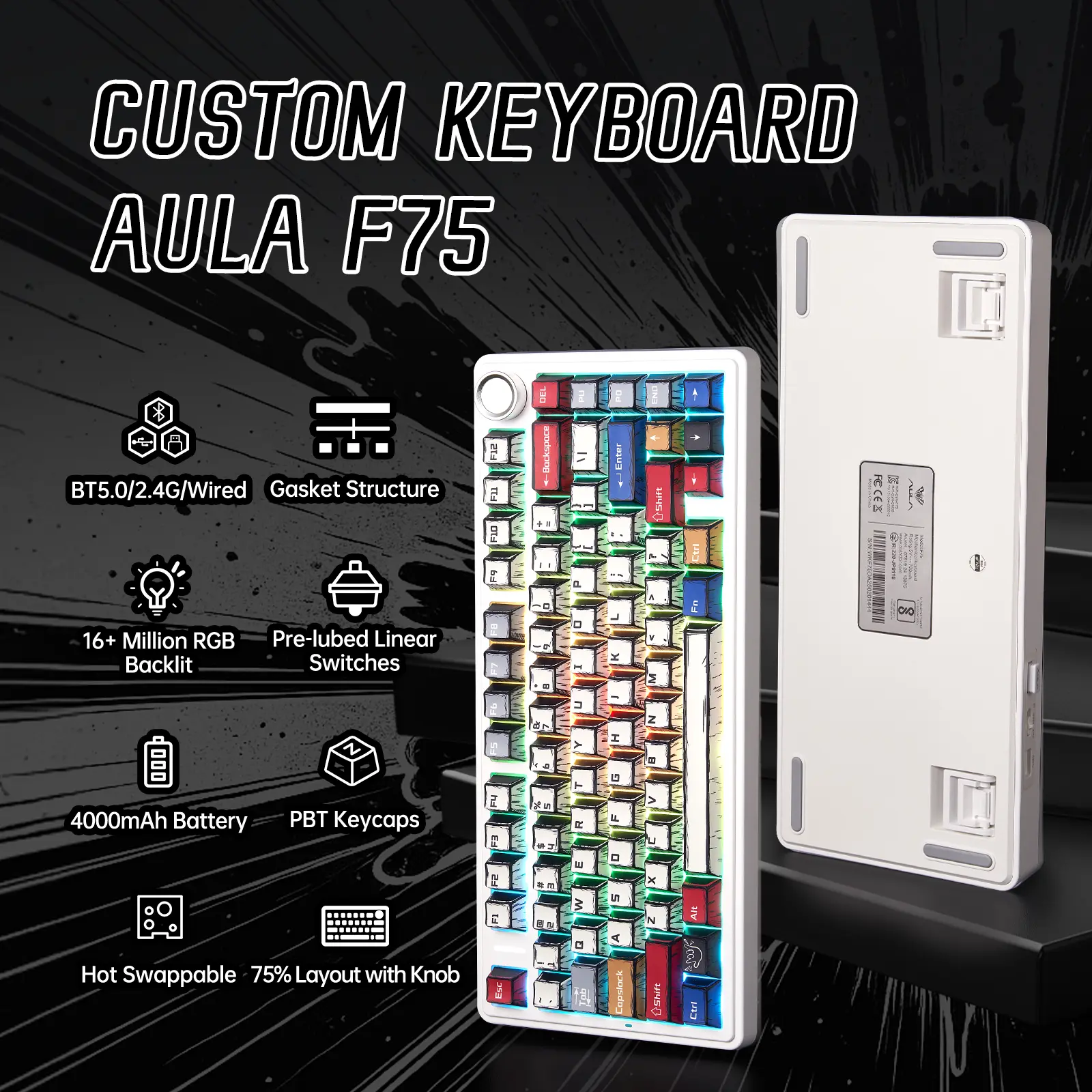 AULA F75 Wireless Mechanical Keyboard, USBCharging RGB Backlight Wireless KeyboardsGaming Keyboard for Gaming, Office, MultimediaRoller Key, Gift for Friend, Gaming Accessories,creamy keyboards(LEOBOG Reaper Switch)