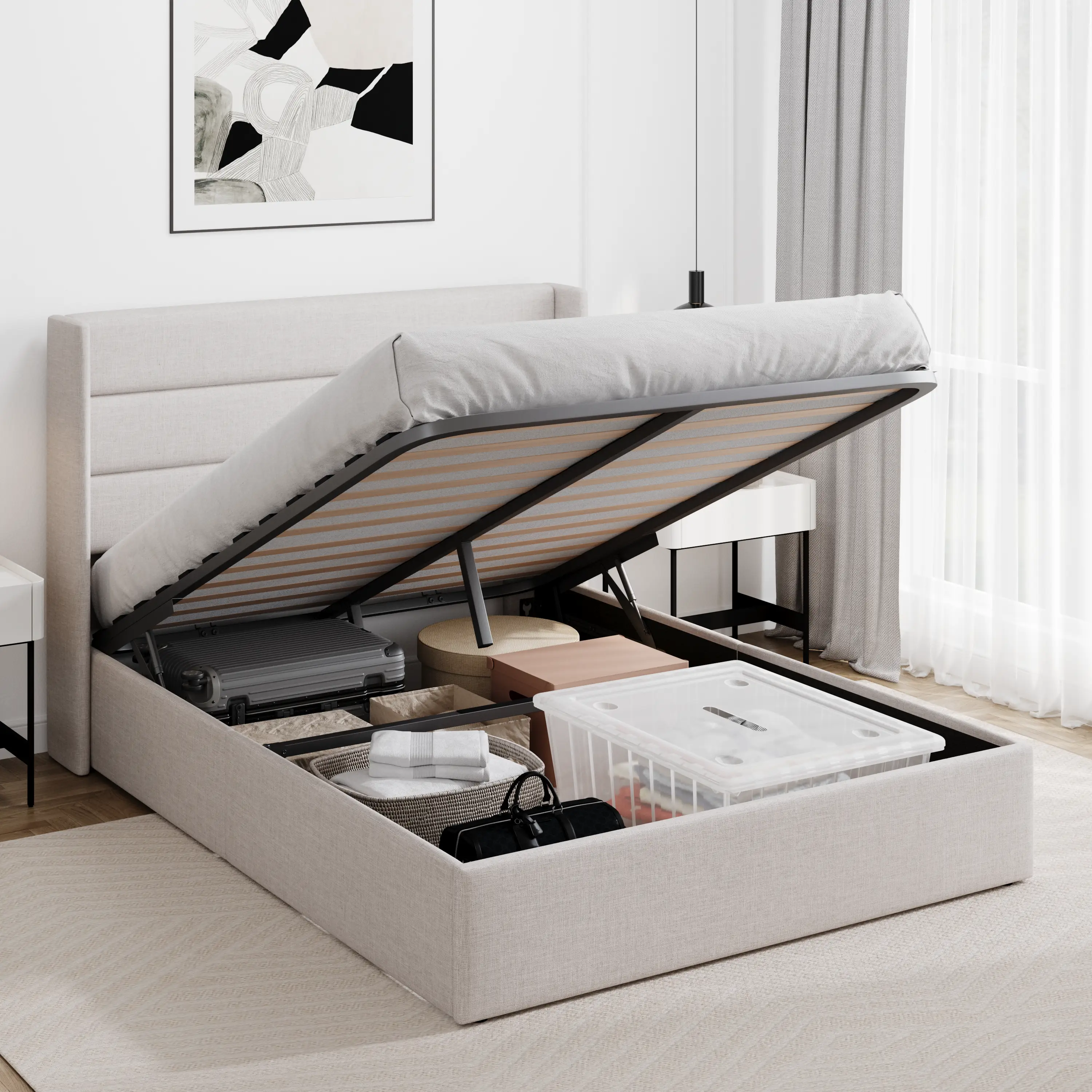 Allewie Full/Queen/King Lift-Up Storage Bed with Button Tufted Wingback Headboard - 【Frame Only No Mattress】Hydraulic Storage System in Beige/White/Bl