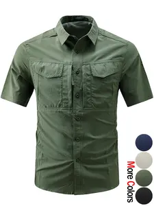 Men's Tactical Short Sleeve Shirt, Stretch Waterproof Wear Resistant Breathable Lightweight Cargo Top with Multiple Pockets, Casual Lapel Open Style Outdoor Blouse for Daily Commute, Wilderness Adventure, Hiking, Trekking and Fishing