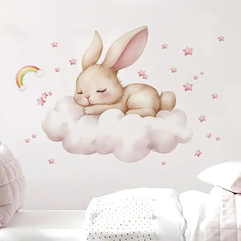 1 Modern Watercolor Sleeping Rabbit Wall Sticker, Suitable for Bedroom and Living Room, Self-Adhesive Glass Surface, Pink Room Home Decor