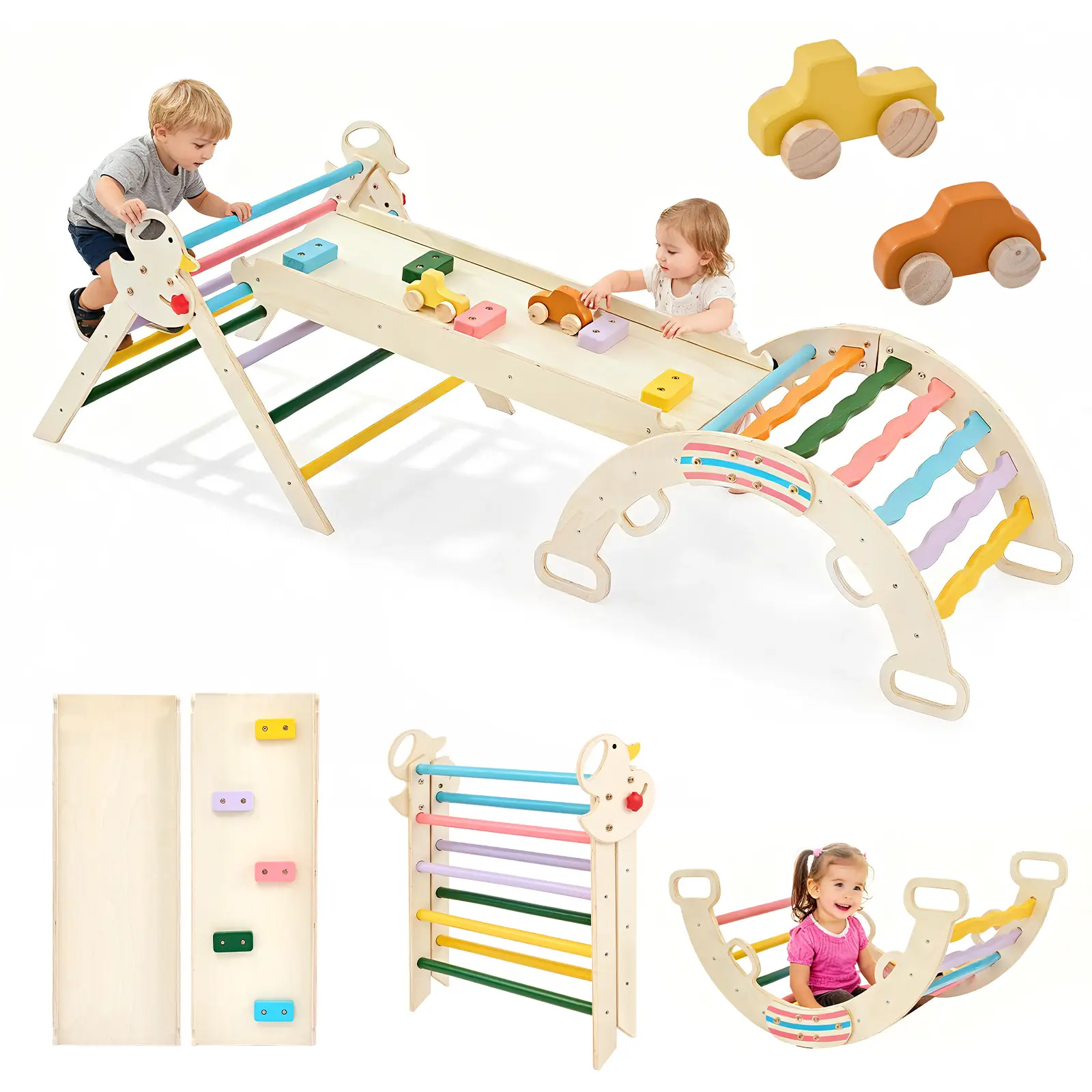 7‑in‑1 Foldable Pikler Triangle Climber – Solid Wood Arch & Slide Set Supports 160 LBS, Space‑Saving Design for Home with Built‑In Blackboard