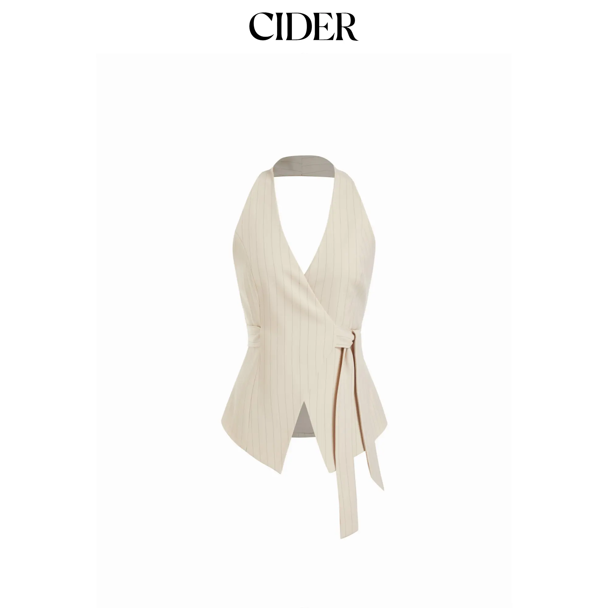 Cider Striped Halter Neckline Twist Knotted Longline Blazer Vest