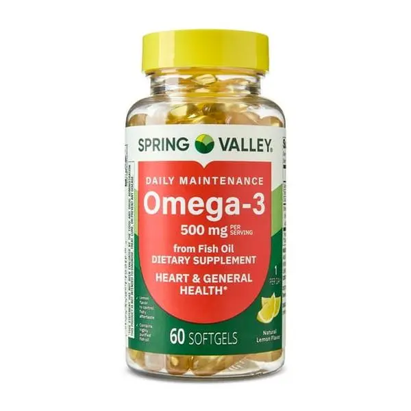 Spring Valley Daily Maintenance Omega-3 From Fish Oil Dietary Supplement Softgels for General & Heart Health, Lemon Flavor, 500 mg, 60 Count