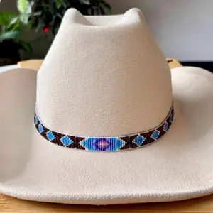 Loomed Seed Bead Light Blue Diamond Pattern Hatband with a Checkered Dark Brown Background