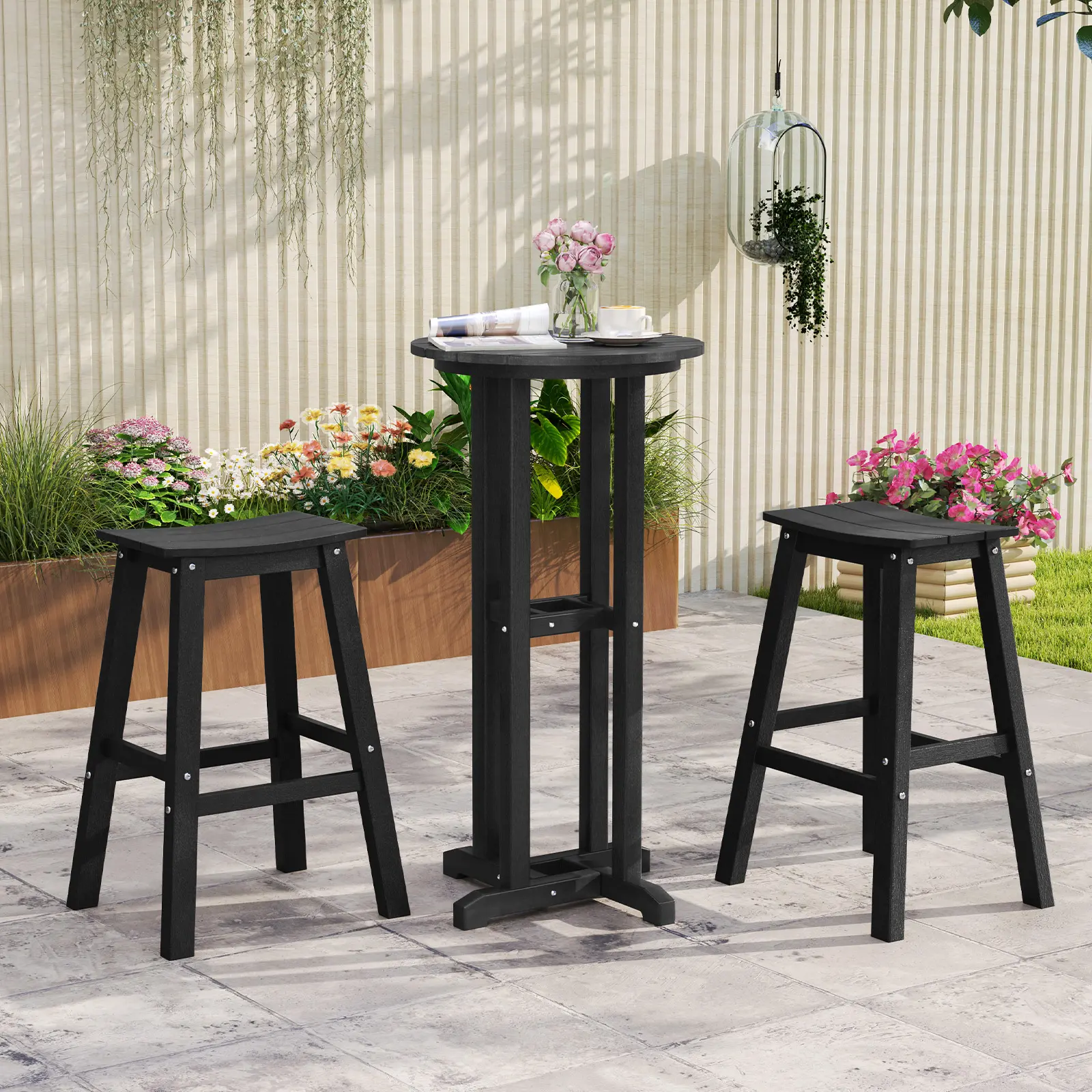 COSTWAY - 29 Inch HDPE Patio Bar Stool Set of 2 Armless Saddle Stools-Black