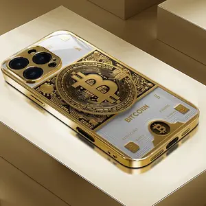 Bitcoin Fashion Style Electroplated Gold Glass Phone Case, Suitable for iPhone 17 Pro Max Phone Case 17 Air 16E 16 Pro Max 15 Pro Max 15 Plus 14 Plus 13 12 11 Phone Cases,Samsung Galaxy S25 Ultra S22 S23 FE S24 Plus A14 A15 A16 A35 A36 A54 A56 Note 20 Ult