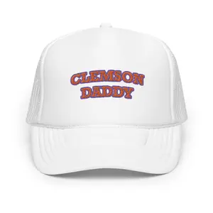 Clemson Daddy Trucker Hat - White with "CLEMSON DADDY" Text, Adjustable Fit, Classic Design