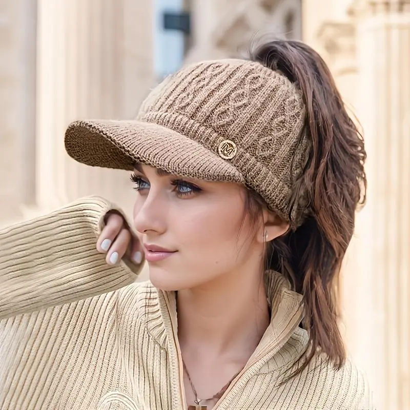 Women's Cable Knit Thermal Baseball Cap - Thick Yarn, Thermal Insulating, Keep Warm Knitting Headwear, Winter Essential, Thick Elastic Band, Adjustable Strap, Comfortable Fit, New Year Holiday Must-Have, Cable Knit Hats, Keep Warm Hats, Chunky Yarn Hats,