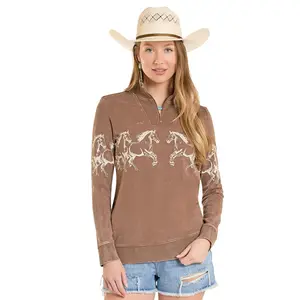 Vintage Style Horse Western Quarter Zip Sweater – Brown 100% Cotton Cowgirl Pullover