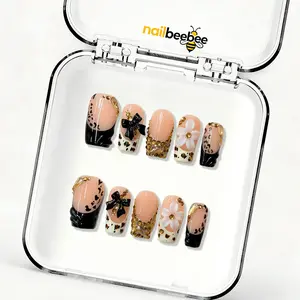NailBeeBee｜10PCS 100% Handmade Press-On Nails｜D170 1.0 Inch｜Reusable Colorful Art Acrylic Stylish｜Leopard Print & Black Bow Press-On Nails