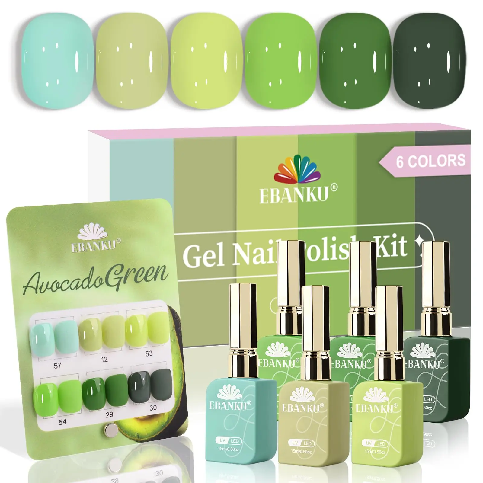 EBANKU 6-Piece Green Gel Nail Polish Set, 15ML Multi-Shade UV-Curable Longlasting Soak-Off Kit for Women’s At-Home Nail Art Manicure & Salon Use, Green Nail Polish, At-Home Nail Polish