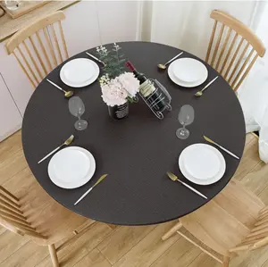 Round Fitted Vinyl Tablecloth with Elastic Edge 100% Waterproof Oil Proof PVC Table Cloth Wipe Clean Table Cover for Indoor and Outdoor, Black, 40"- 44"
