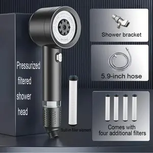 Pressurized Handheld Showerhead with Filtration. Includes Four Extra Filter Cartridges, a Shower Bracket, and a 59-Inch Stainless Steel Hose. Four Water Flow Modes: Rainfall, Mixed, Spray, and Jet.  Perfect Bathroom Accessory. massaging head