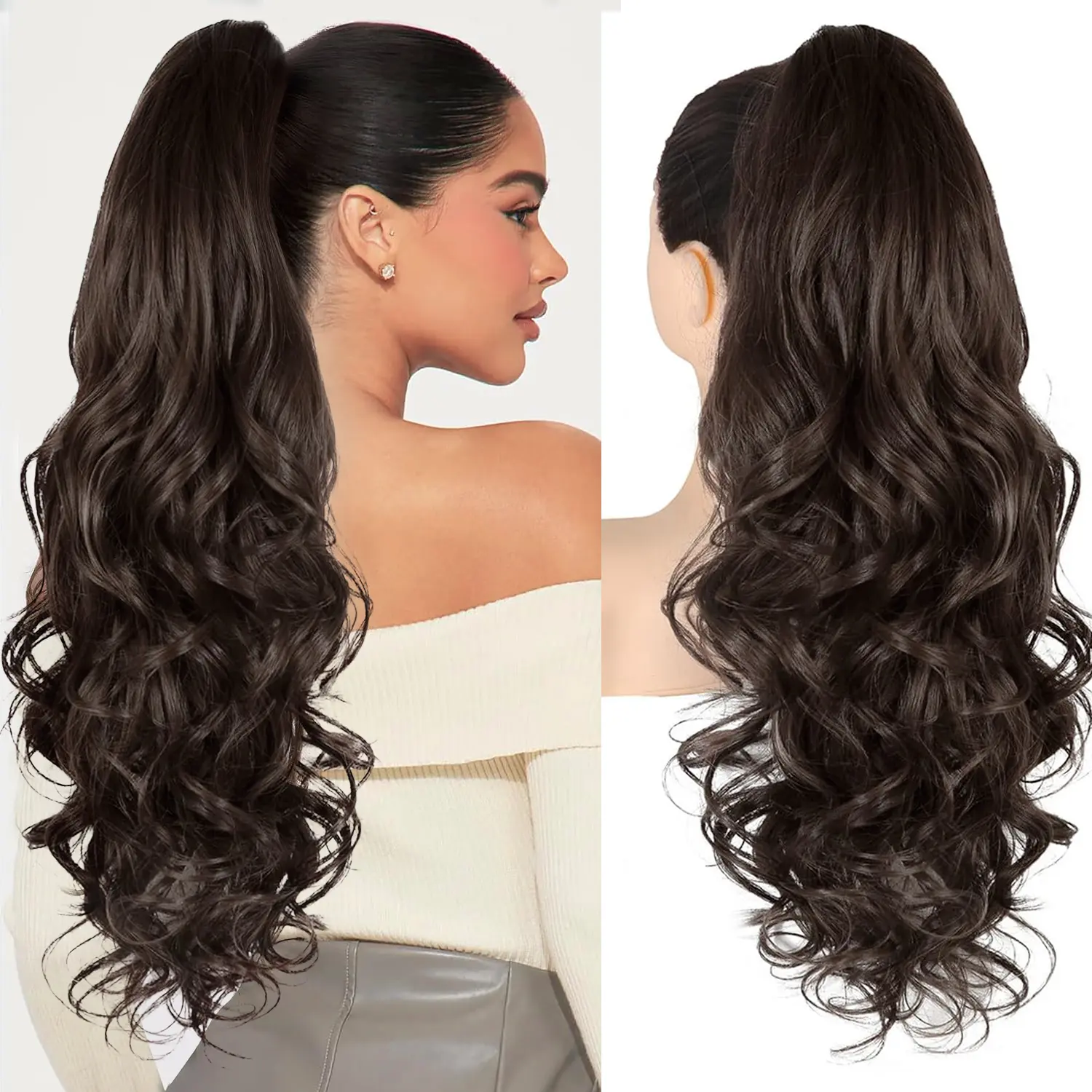 FXMONGYI 24 Inch Ponytail Extension Claw Clip on Ponytail Extensions Long Curly Wavy Ponytail Hair Extension Claw Clip in Pony Tails Hairpiece for Women