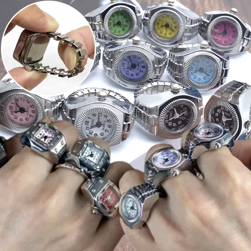 Vintage Punk Finger Watch Mini Elastic Strap Alloy Watches Couple Rings Jewelry Clock Retro Roman Quartz Watch Rings Women Men