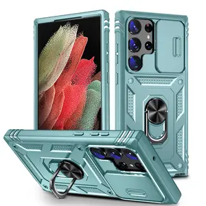 for Samsung Galaxy S26 S25 Edge S24 S23 S22 S21 Ultra Case Slide Camera 2 in 1 Heavy Duty Back Cover with Finger Ring Stand Privacy Lens Protection Case for S23 FE S24 Plus