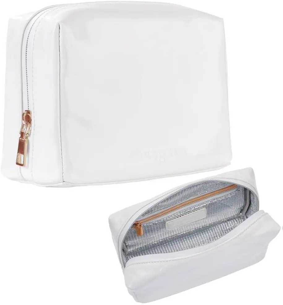 Stay Golden Insulated Waterproof Day Pouch for Women Heat-Resistant Travel Cosmetic & Toiletry Bag | Luxurious Vegan Leather Portable Makeup Organizer - (Gold Zipper, White)