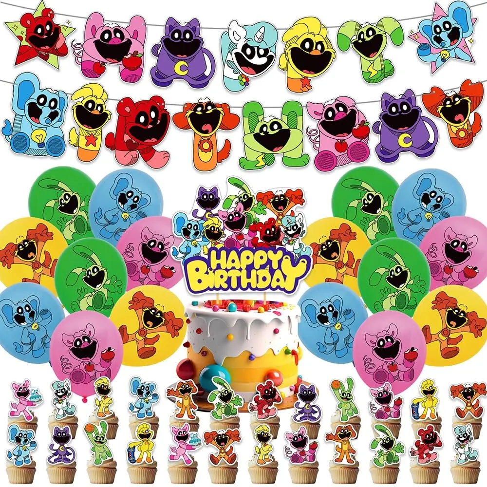 42pcs Smiling Critters Party Supplies Set - Decoration Kit with Banner, 16 Balloons, Cake Topper, 24 Cupcake Toppers, Hanging Swirls for Party Gifts