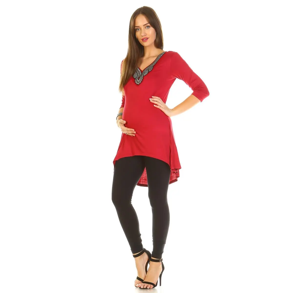 212 MAIN Sofia Embellished Maternity Tunic Top - Brick Red, Small, MTR1290-05-S, maternity clothing