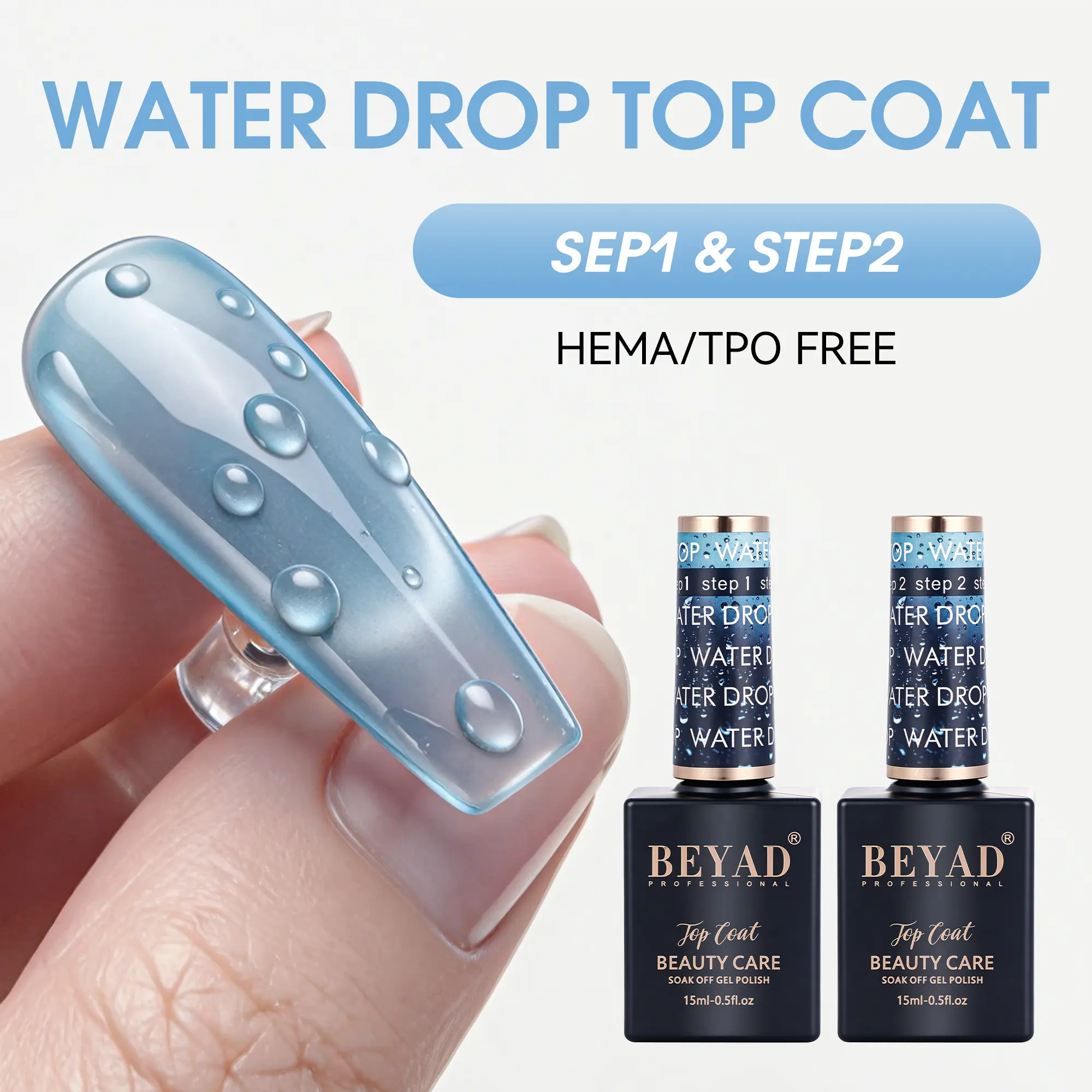Beyad 3D Water Drop Gel Top Coat Set (2×15ml Bottles) - No Wipe High Gloss UV/LED Gel Polish for Manicure, 3D Nail Art, Nail Care Cosmetic Beauty Products