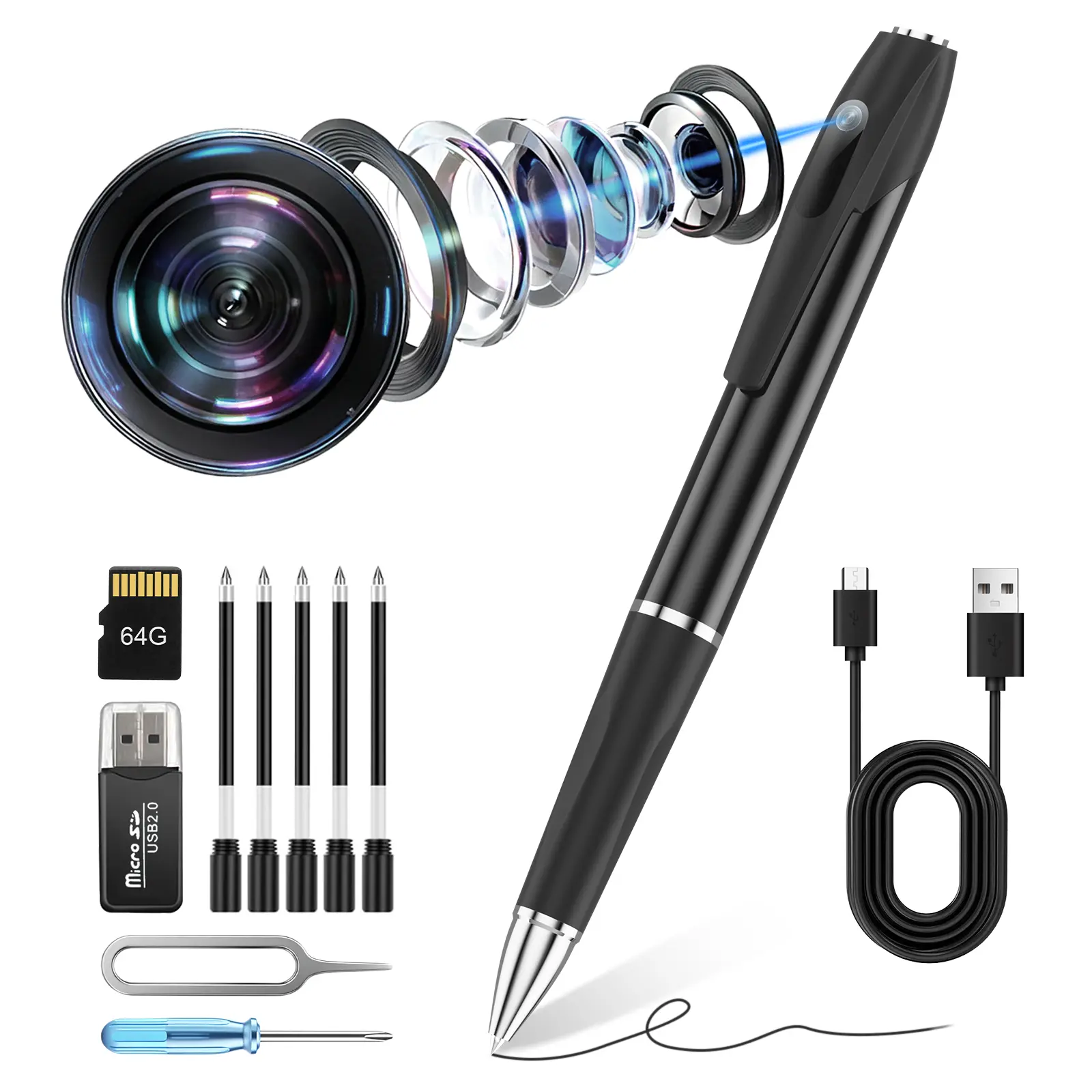 1080P HD Recording Mini Hidden Camera Pen, Portable No-WiFi Security Camera with Micro SD Support, Built-in Li-ion Cells Batteries for Home & Outdoor Monitoring