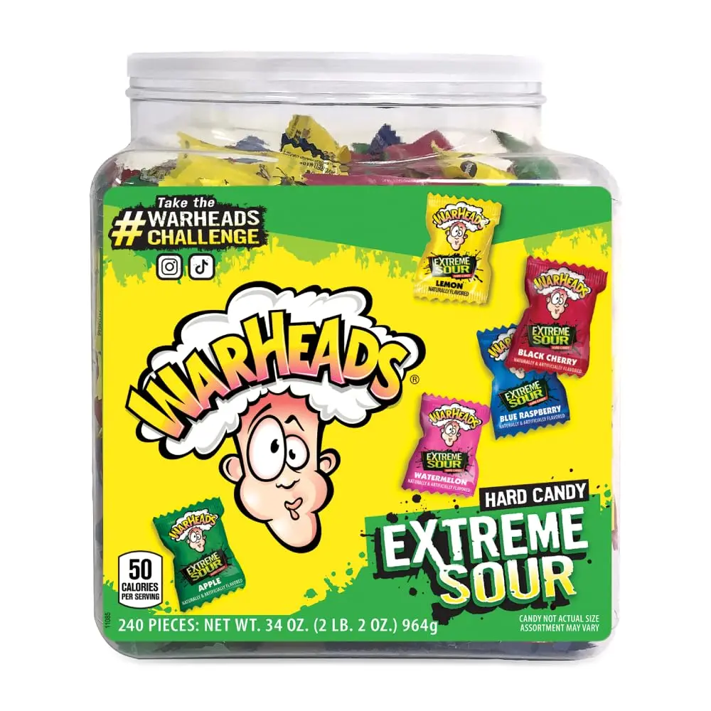 WARHEADS Extreme Sour Hard Candy Assorted Flavors 34 oz Resealable Tub | Resealable Packaging Helps Maintain Quality While Allowing Convenient Access During Repeated Serving Occasions