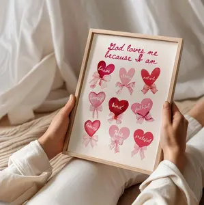 God Loves Me Because Christian Valentines Poster, Coquette Valentine Wall Art, Cute Red Pink Bow Print, Love Heart Poster