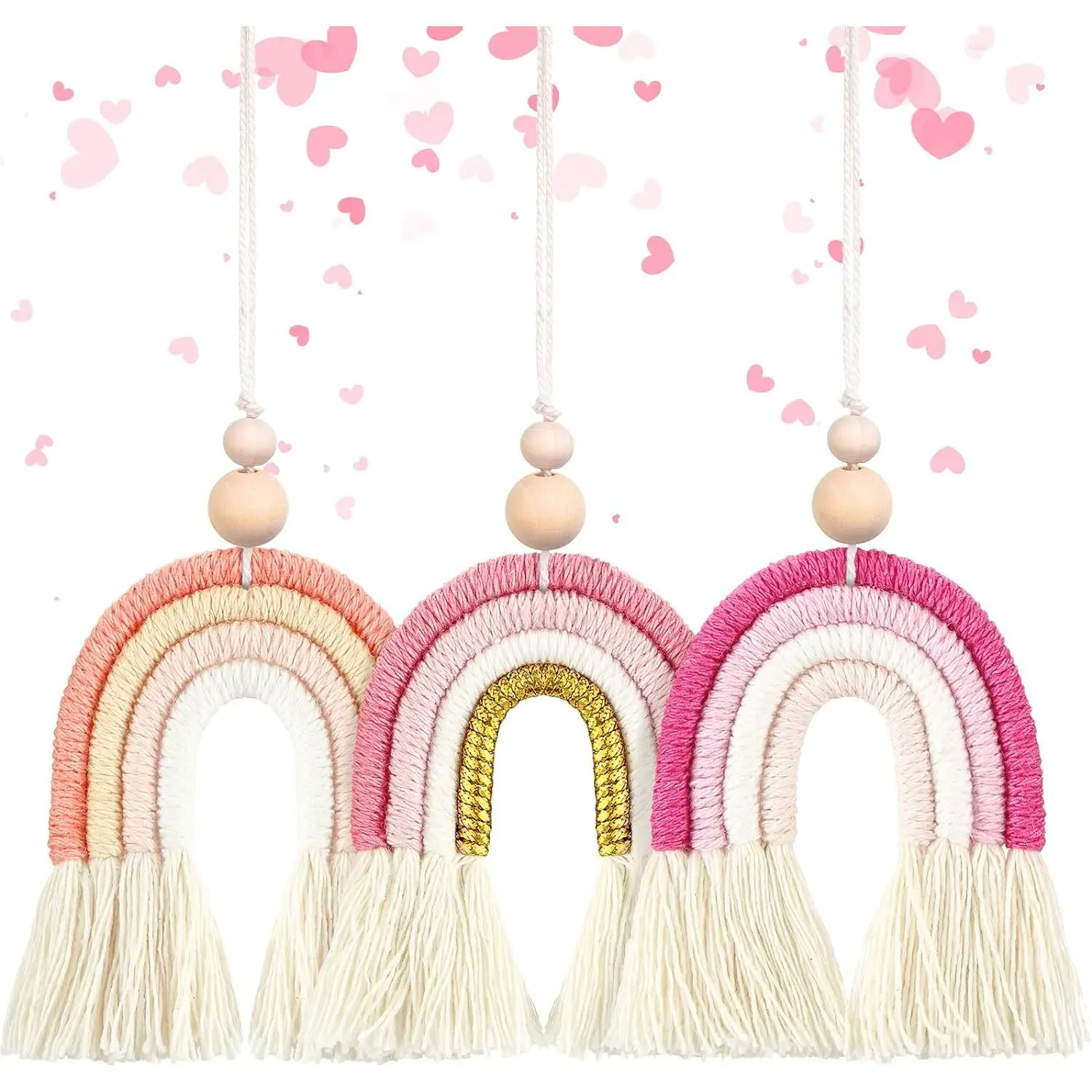 3-Piece Wooden Bead Boho Rainbow Car Charm Essential Oil Diffusers - 12.4in Handmade Hanging Car Interior Decor, 4.5x2.4in Natural Cotton Air Fresheners, Decorative Gift for Friends