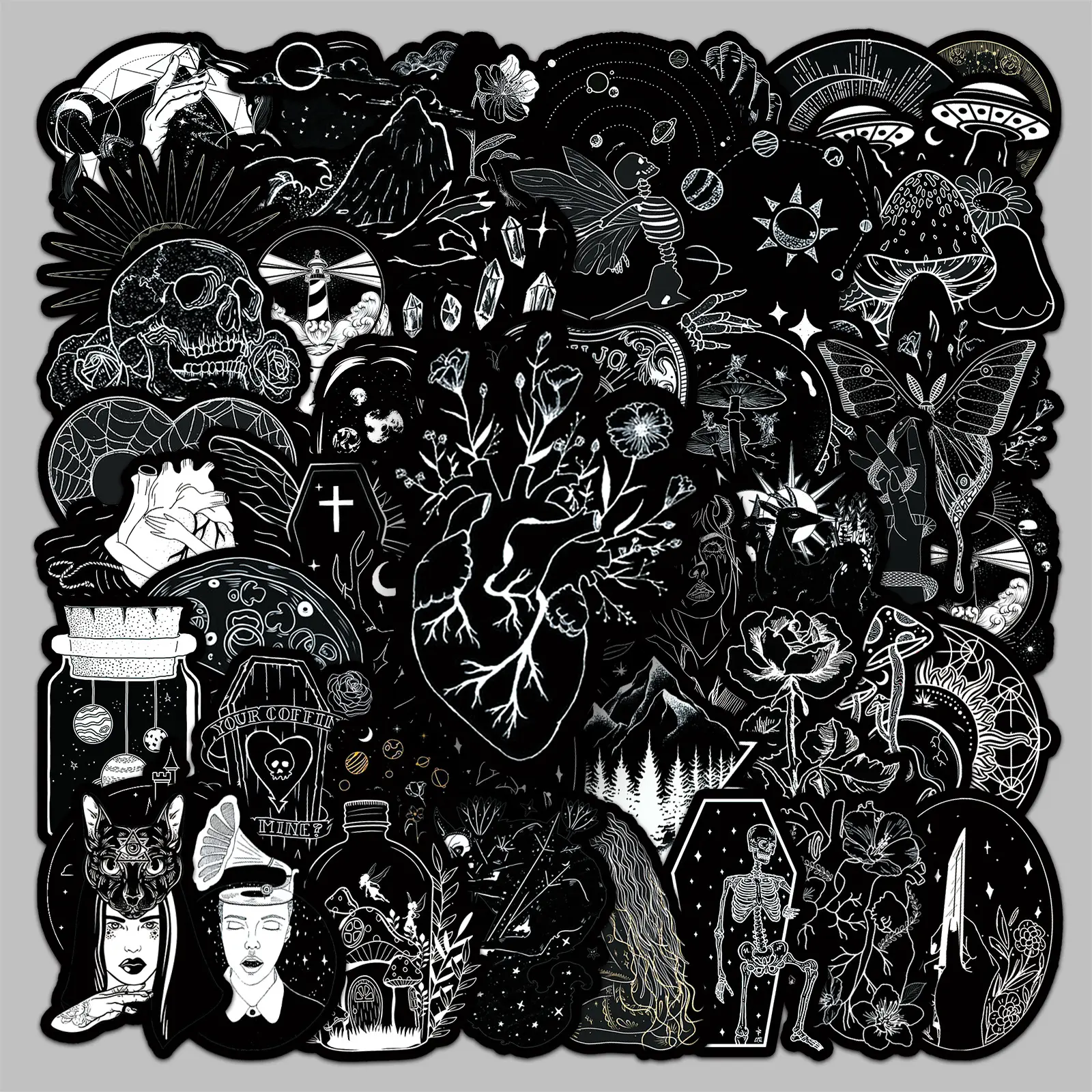 50 Black and White Doodle-style Cartoon Stickers, Suitable for Scrapbooks, Diaries, Laptops, Water Bottles, Cars, and Other Faith-based Designs—gifts with Positive Messages. Sticker Decals Graphic Decal Premium Skull Stickers