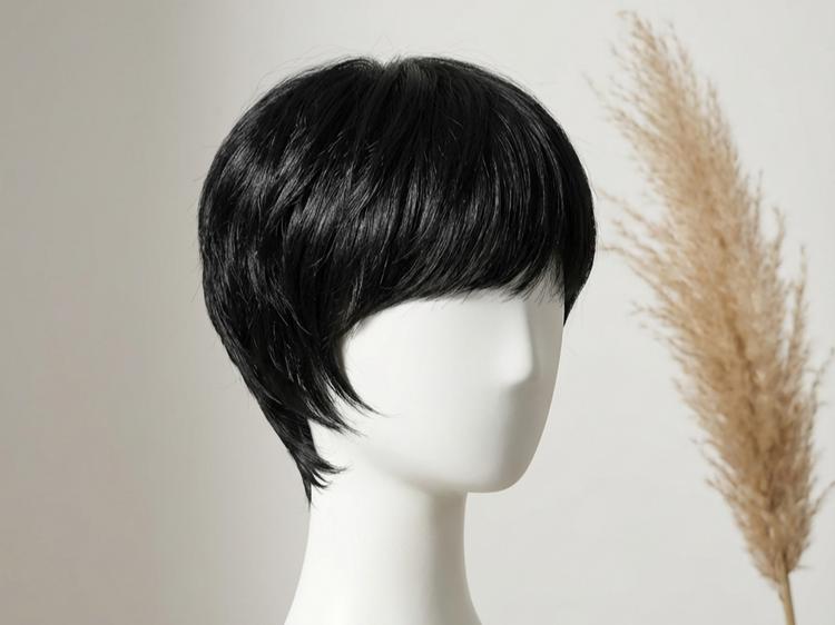 H03 4-inch pixie cut wig with blunt bangs, easily creating a fashionable look. Fully machine-made without glue, comfortable to wear and easy to maintain.