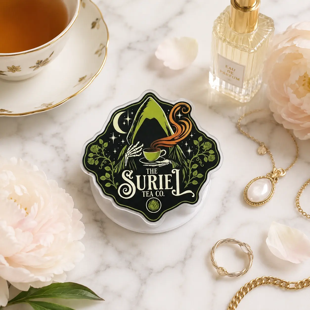 Grim Reaper Tea Magnetic Acrylic Phone Grip 2D Green Cloaked Figure Phone Holder Cute Bookish MagSafe Grip Tok Stand