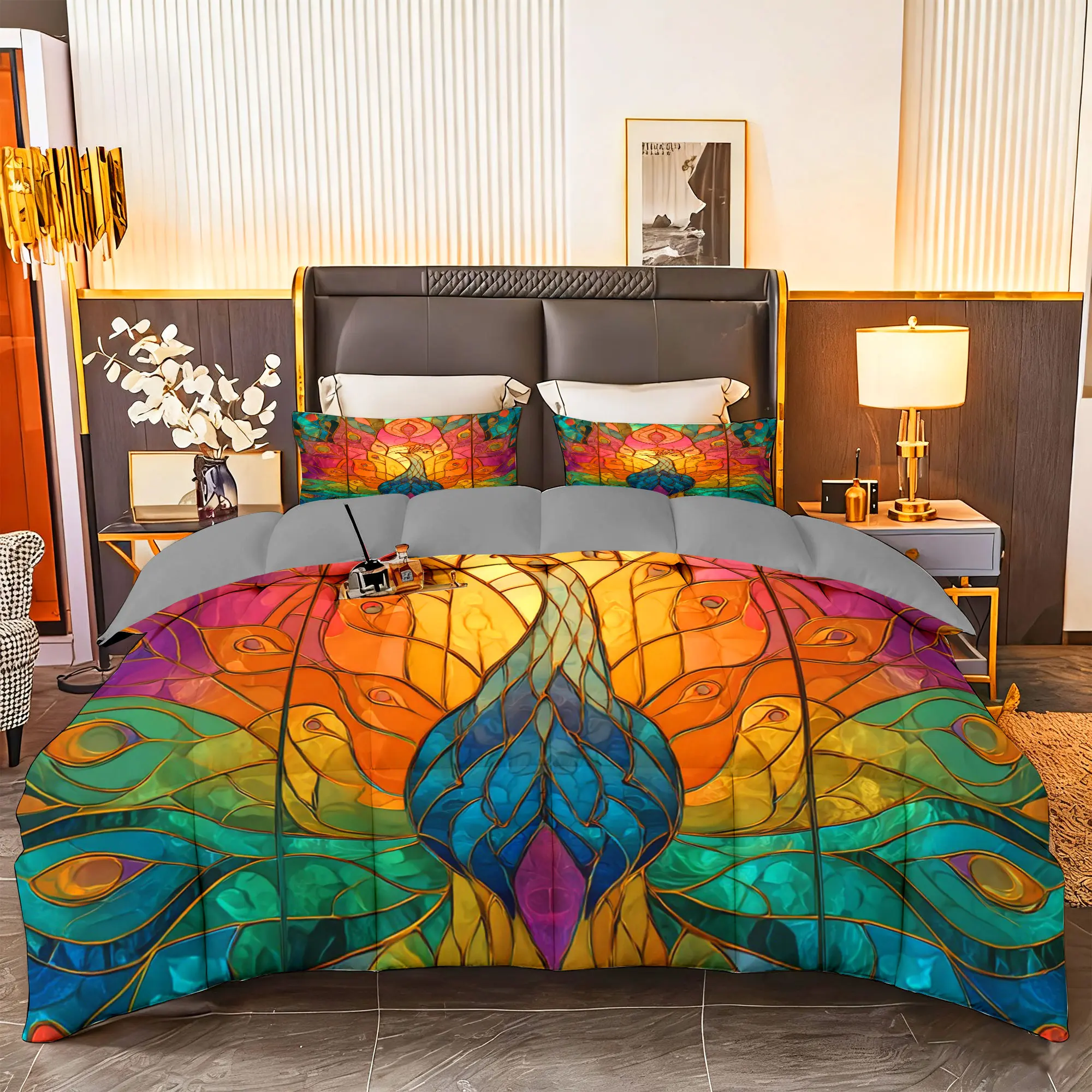 3pcs (1 comforter + 2 pillowcases) All-Season Bedding Set with Stunning Stained - Glass Peacock Design, Soft Microfiber Fabric, Hypoallergenic, Wrinkle & Fade Resistant, Easy - Care, Available in Queen/King/Full Size, for Bedroom, Guest Room, Home, D