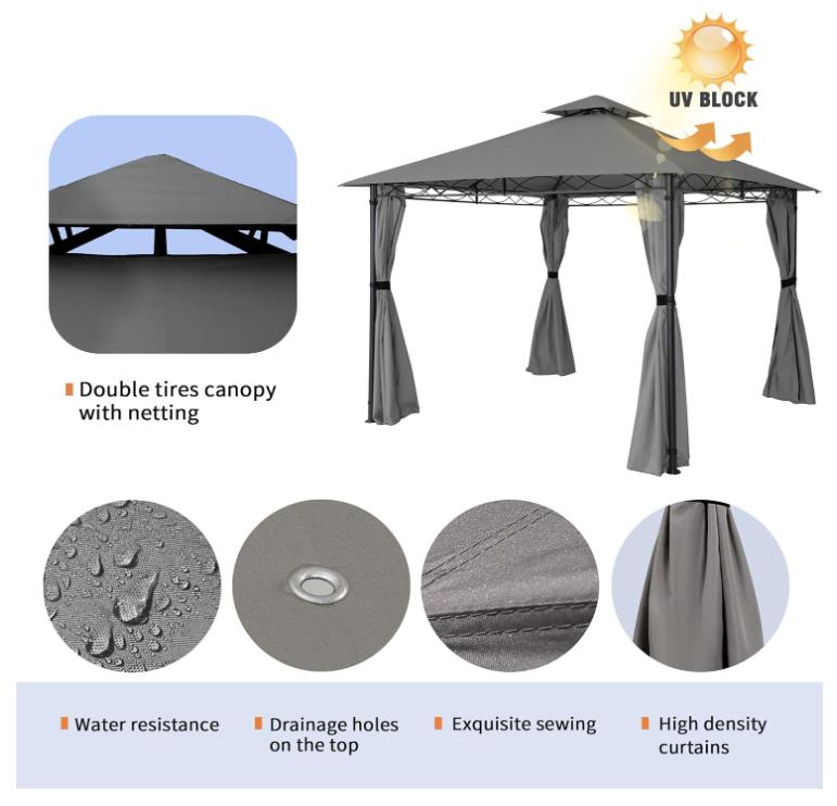 10'x10' Gazebo for Patios, Double Vent Outdoor Canopy with Curtains & Sand Bag, Outside Patio  Lines Decorative for Backyard (Dark Grey) pergola