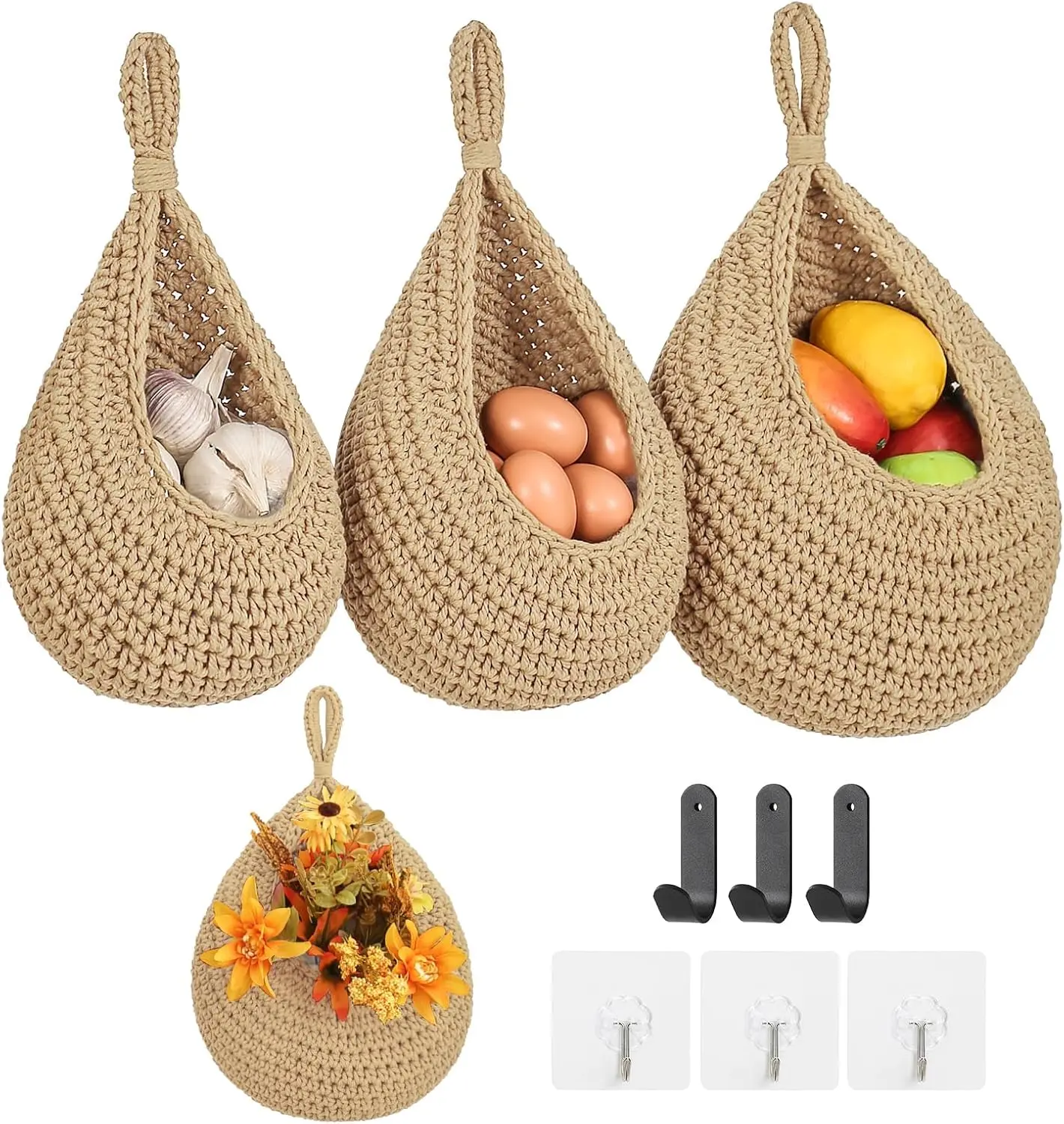 Wall Hanging Fruit Baskets – 3-Pack Woven Produce Holders with 6 Hooks, Durable & Breathable Material, Perfect for Kitchen Storage Organiser Hangable