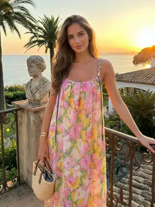 Women's Summer Boho Style Dress, Loose Fit Beach Vacation Travel, Medium-Length Mesh Sleeveless Sundress