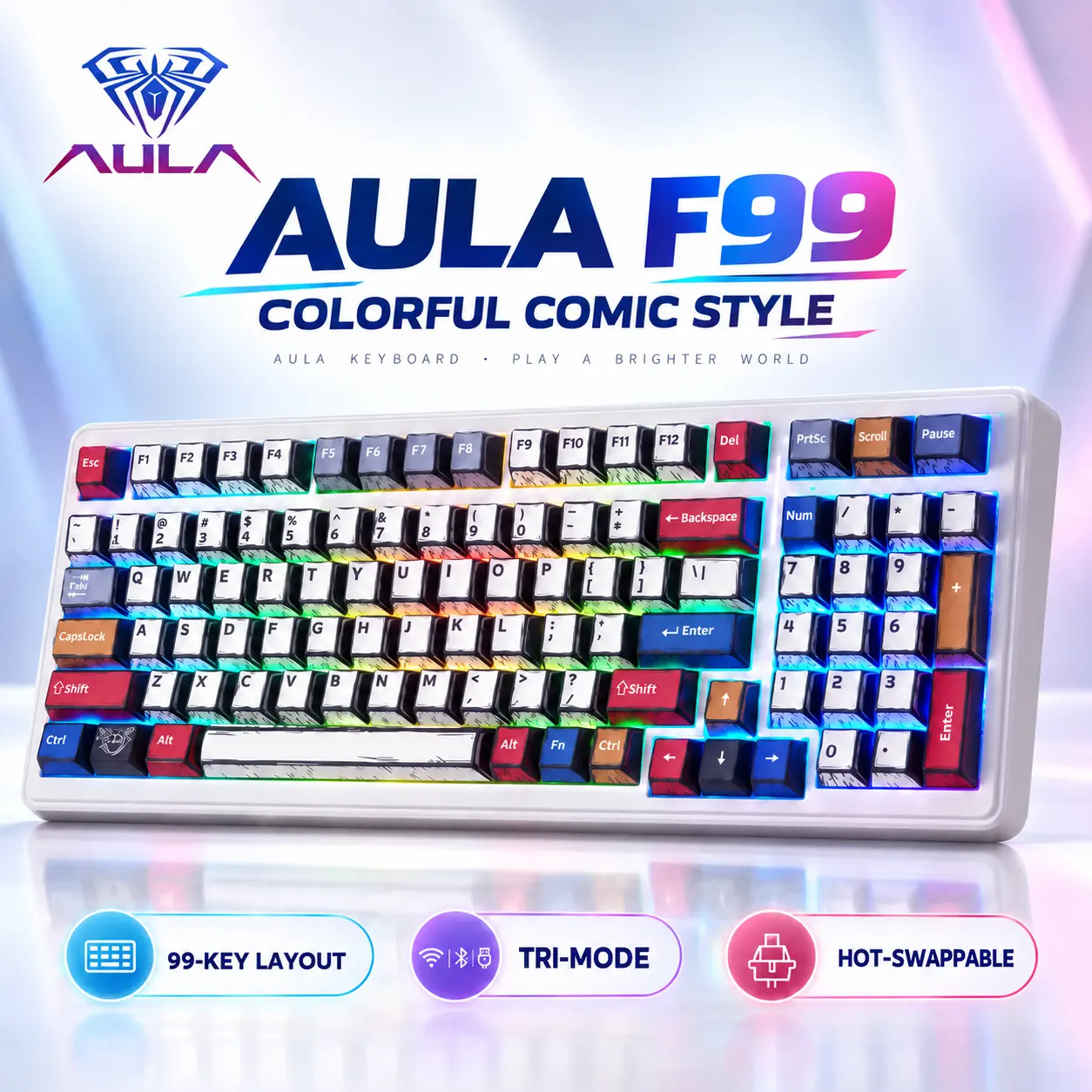 AULA F99 Wireless Mechanical Keyboard, 99-Key Gasket Gaming Keyboard with Numpad, Tri-Mode BT 5.0/2.4GHz/USB-C, Hot-Swappable, Pre-Lubed Linear Switches, Creamy Sound, RGB Backlit for PC/Mac #tiktokshopstockup