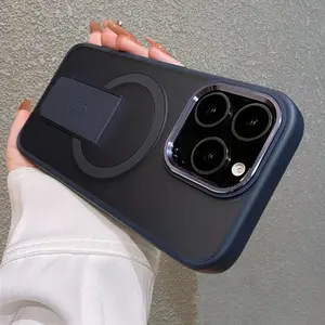 Foldable invisible bracket magnetic iPhone 16 Pro Max 15 14 13 iPhone Case shockproof Silicone phone frame Frosted Acrylic hard back Case