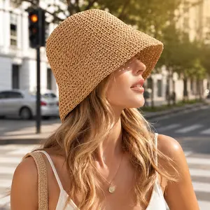 Crochet Straw Bucket Hat for Women, Woven Bell Shape Summer Sun Hat, Boho Beach Vacation Travel Hat, Lightweight Fashion Accessory