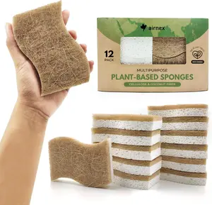 Eco-Friendly Kitchen Sponges: Pack of 12 Biodegradable Compostable Cellulose and Coconut Scrubber Sponges for Dishes