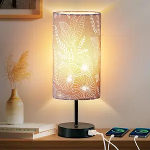 Touch Control Bedside Lamp with 2 USB Ports, 3-Way Dimmable Table lamp for Bedroom, Nightstand Lamp with Round Grey Fabric Shade for Living Room  Office (E26 LED Bulb Included)