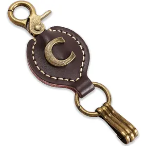 Initial Letter  Brown Leather Alphabet  with Easy Clasp, Key  Key Bag Key Ring for Women Mens