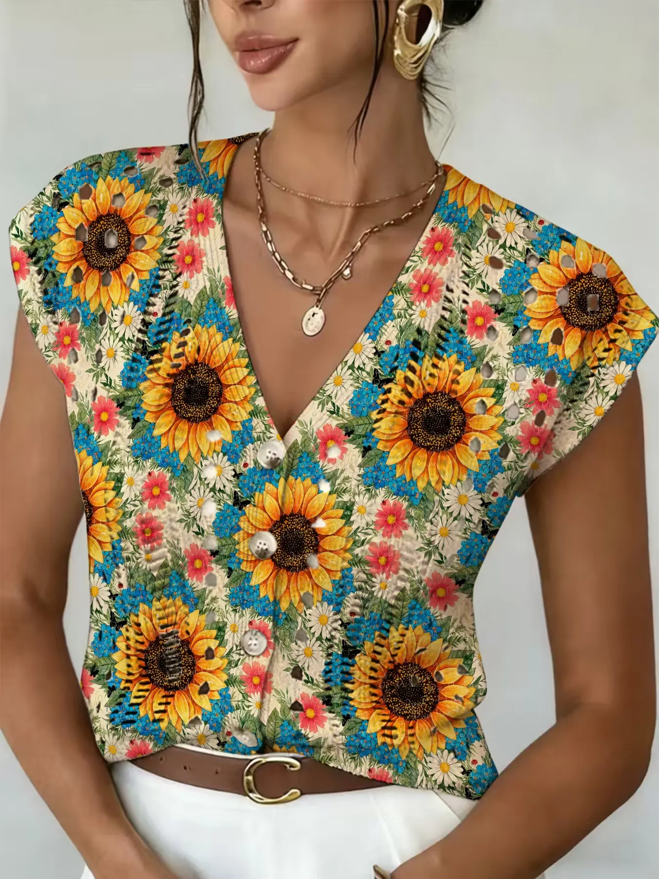 Elegant Women's Sunflower Floral Print Sleeveless Knit Cardigan, Breathable Casual Knit Sweater, Button Front, Spring Summer Fall Clothing