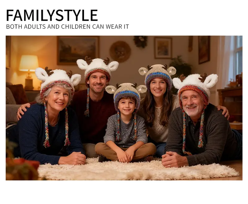 Product Introduction of Original design Festive Christmas Antler Hat (It can be used,A hat has multiple uses.)Knitted Ear Protection Windproof Warm Hat Suitable for the family It can be worn by adults , without limiting the circumference of the head,for Thanksgiving & Christmas。 5