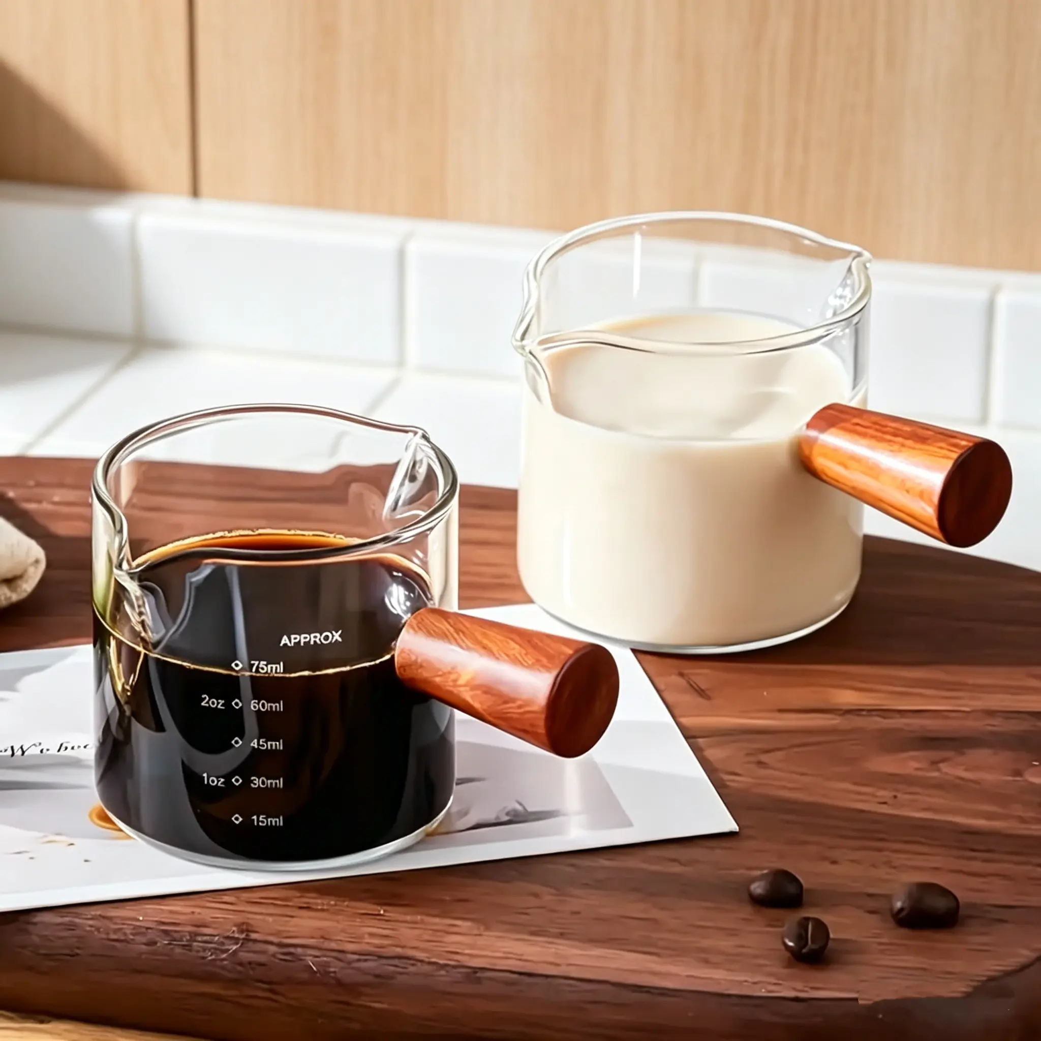 Single-pack small glass cup with a handle and measurement markings. Suitable for use as a coffee, milk, tea, or beverage cup, the built-in handle makes it easier to hold and helps prevent hands from getting too hot.