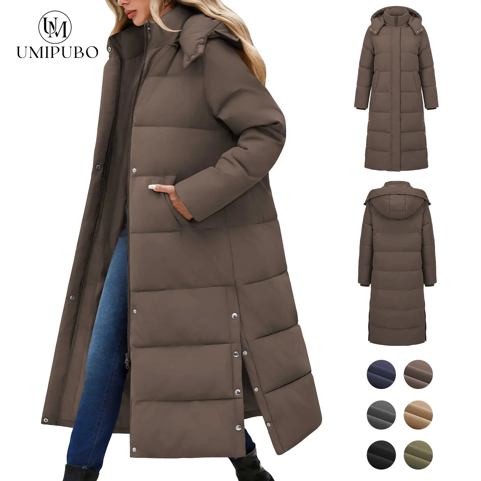 UMIPUBO Lady's Long Sleeve Calf-Length Maxi Puffer Down Coat, Winter Warm Padded Outerwear with Removable Faux Fur Hood, Full-Zip Parka Tops, Detachable Fur