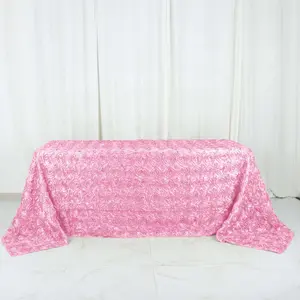 Satin Rectangle Tablecloth 90"x132" Pink - Grandiose 3D Rosette Table Cover
