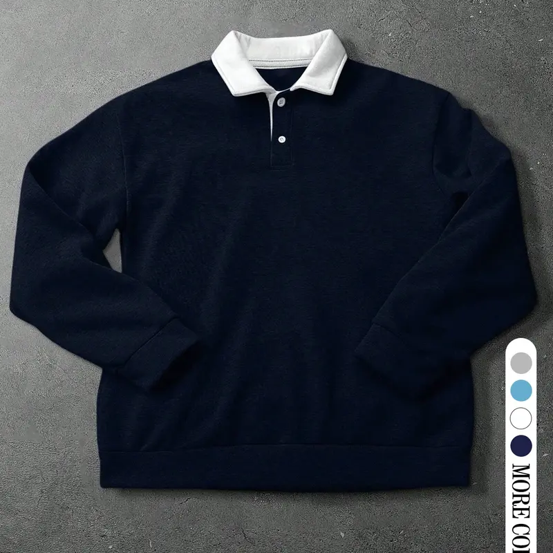 Men's Loose-Fitting Colorblock Polo Neck Knit Sweatshirt, Casual Fashion Long Sleeve Pullover, Comfortible Campus Wear, Versatile Basic Top, Comfy Pullover