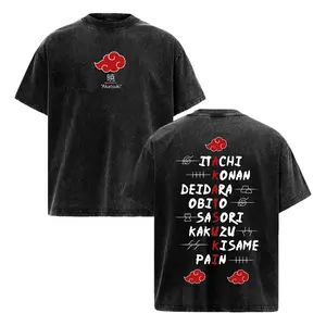Vintage Washed Heavyweight Cotton Oversized Akatsuki Anime Tee Flat 2D Graphic Naruto Streetwear Tops Unisex Casual Dark Aesthetic Japanese Manga Outfit Retro Clan Logo Holiday Gift For Men Women Trendy Y2K Alternative Clothing Premium T-Shirts Apparel