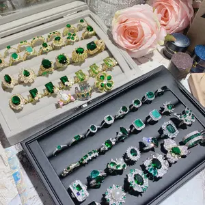 Retro Luxury Lab Grown Emerald Open Ring Elegant Adjustable Women Jewelry Gift For Party Anniversary Rings