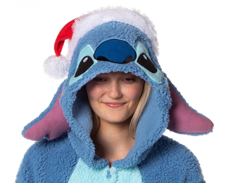 Disney Lilo & Stitch Kigurumi Unisex Christmas Santa Hat Men's Sherpa Costume One Piece Pajama Hooded Union Suit
